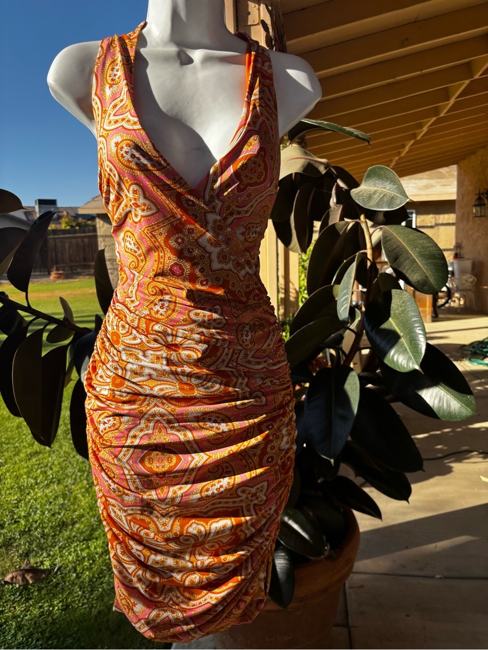 INC International Concepts Orange Paisley Ruched V-Neck Mini Dress